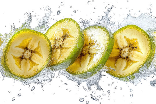 Tropical Banana Slices in Water Splash Fresh Fruit Healthy Eating Refreshing Drink Exotic Food Green