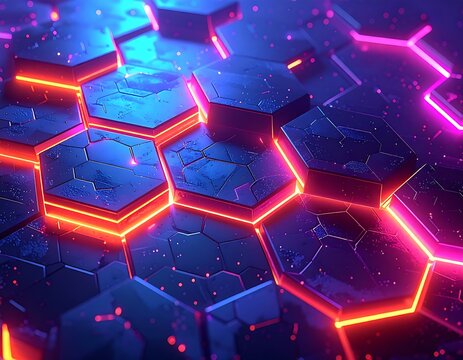 Futuristic 3D abstract render of glowing hexagonal tiles