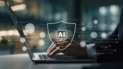 Businessman writing on laptop showing glowing shield ai agent icons, dark tech setting shows smart technology, ai interface, marketing strategy and digital advertising concept - Powered by Adobe