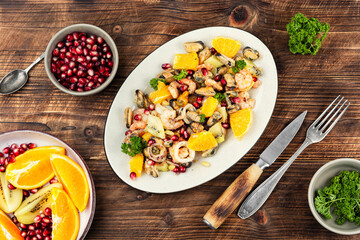 Food, delicious, seafood salad. Top view