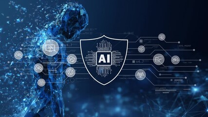 Advanced technology and AI represented by glowing futuristic digital human avatar with shield icon and elements symbolizing digital protection, safety technology and futuristic environment. - Powered by Adobe