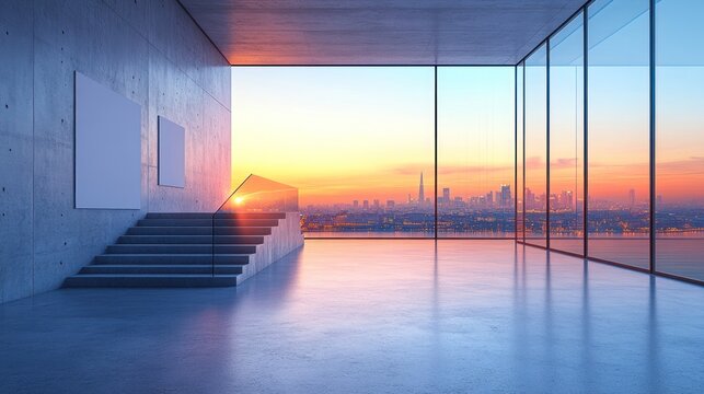 Modern concrete interior with city sunset view (1)