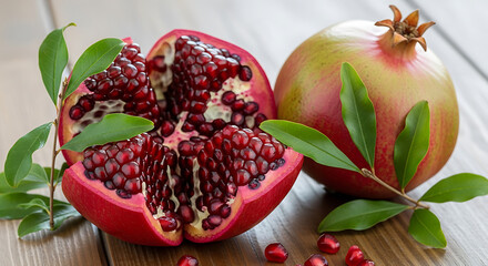 Fresh pomegranate halved revealing juicy red arils and whole fruit
