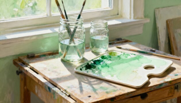 Painterly still life of an artist's studio in natural light. Palette with green paint and brushes on a wooden table by a window. Creative process concept - Powered by Adobe