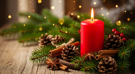 Warm red candle and christmas garland with pinecones and cinnamon