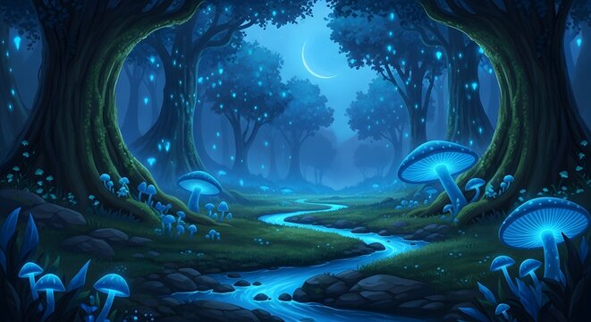 A magical and enchanting forest scene illuminated by glowing mushrooms and a crescent moon in a serene, mystical nighttime environment