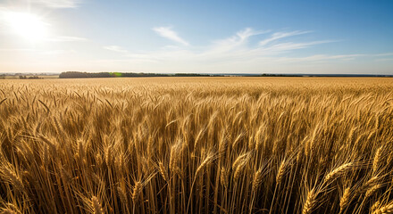 Golden wheat field under a bright blue sky