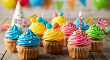 Colorful birthday cupcakes with candles and party decorations