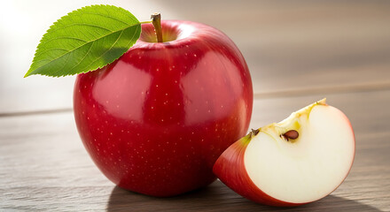 Juicy red apple with a slice on a wooden surface