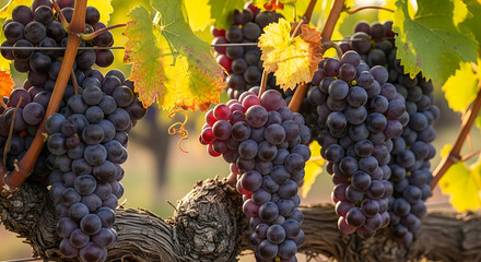 Ripe dark grapes hanging on a vine in sunlight