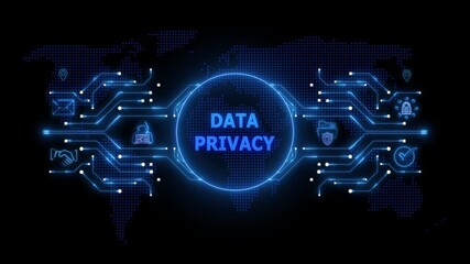 Digital World Map with Glowing Circuits and Data Privacy Message in Neon Blue global network cybersecurity - Powered by Adobe