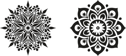 Intricate mandala designs radiating peace and spiritual harmony side by side in bold black line art