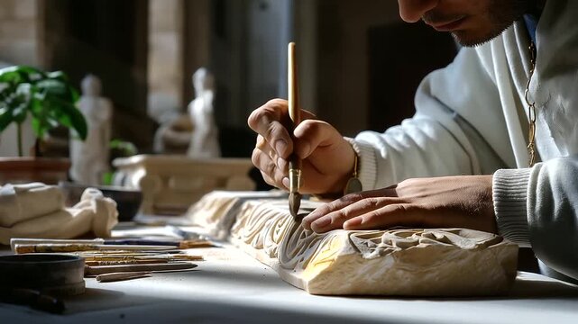 Faceless craftsman working on restoring carved stone arabesques in soft ambient light, artistry and devotion, with copy space.