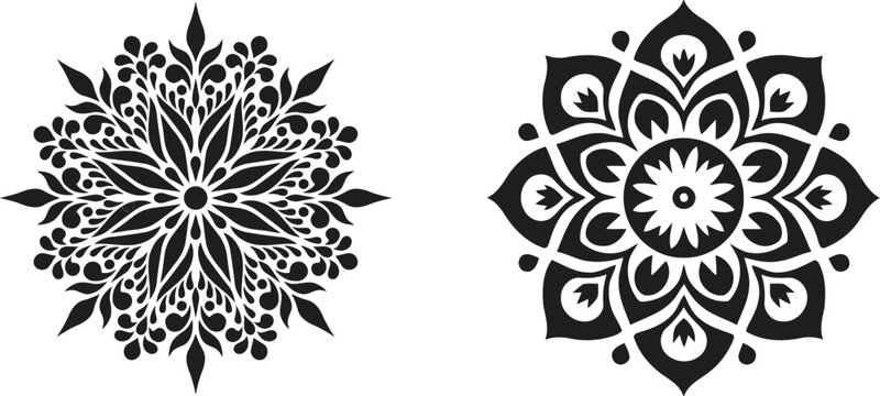 Intricate mandala designs radiating peace and spiritual harmony side by side in bold black line art