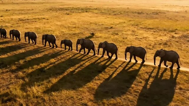 Elephant Procession in Savanna: A captivating shot showcases a family of elephants gracefully parading across a sprawling savanna, their shadows lengthening in the warm glow of the setting sun.