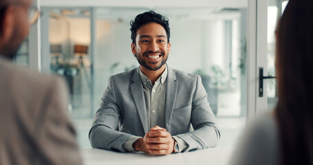 Office, interviewer and man with people, hiring and happy for recruitment process, talk and...