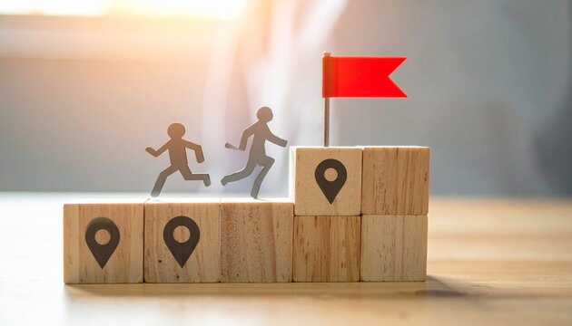 Climbing steps toward achievement with effort and direction.