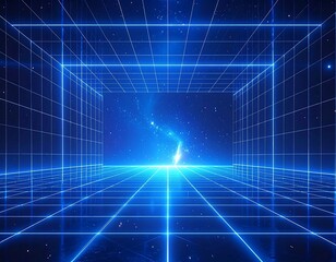 Futuristic blue grid tunnel, leading to an ethereal, starry sky