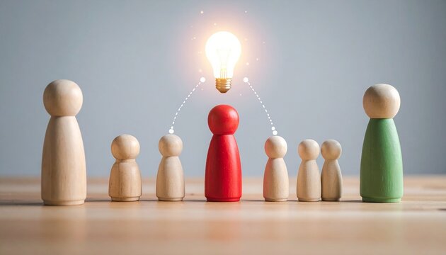 Red figurine under glowing bulb with dotted connections, evoking leadership, idea-sharing, and team inspiration.