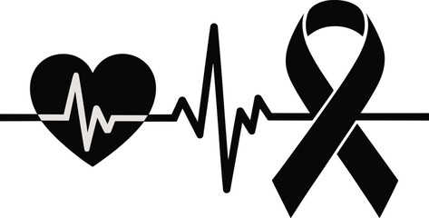 Black ribbon and electrocardiogram heart symbol on white background awareness ribbon