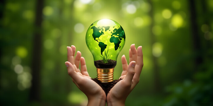 Renewable energy light bulb with green energy, Earth Day or environment protection Hands protect forests that grow on the ground and help save the world	
