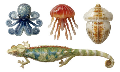 Obraz premium Detailed Illustration of Various Marine and Terrestrial Creatures on Transparent Background