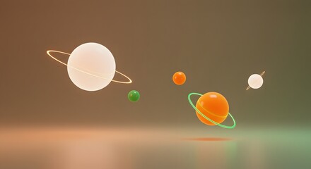 Abstract 3D Planets with Rings Floating in Space on a Gradient Background.