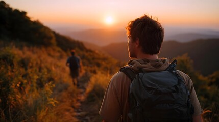 Naklejka premium Hikers explore a mountain trail at sunset bathed in golden light