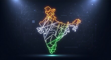 Futuristic glowing map of India with digital network connections.