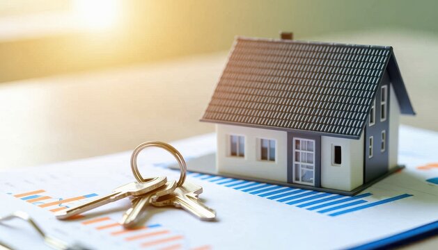 small business office real estate deal concept. Model house and keys on financial documents, symbolizing real estate investment.
