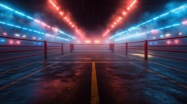 Neon boxing ring in dark, smoky tunnel
