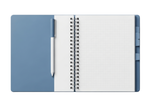 Blue notebook with pen transparent background cutout png
