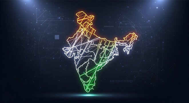 Futuristic glowing map of India with digital network connections.