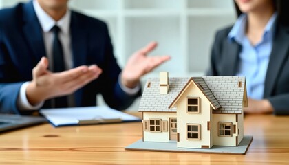 small business office real estate deal concept. Business meeting with a model house showcasing real estate discussion.