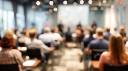 Business Seminar Blur: A blurred seminar or workshop setting with speakers and participants, perfect for professional development and learning themes. High quality