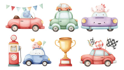 Naklejka premium Colorful Cartoon Cars and Fun Elements for Kids in Playful Style