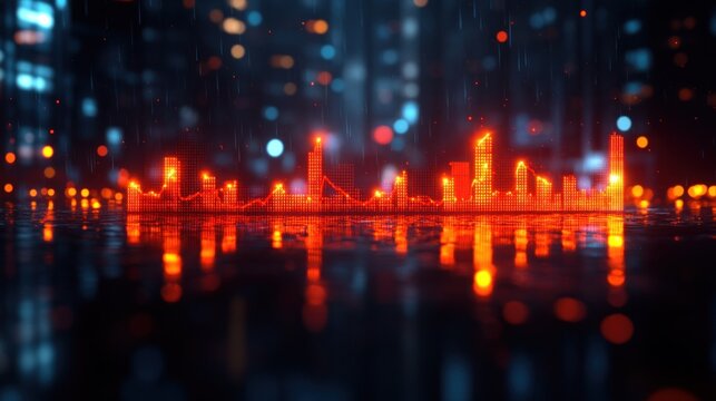Neon city skyline reflected in wet pavement, rain, abstract, futuristic