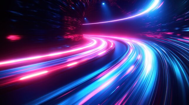 Neon light streaks in a swirling tunnel