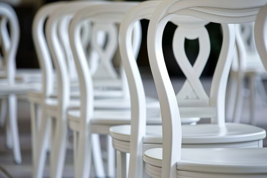 Row of Elegant White Wooden Chairs Ready for Guests at a Wedding Reception Close Up View Indoors