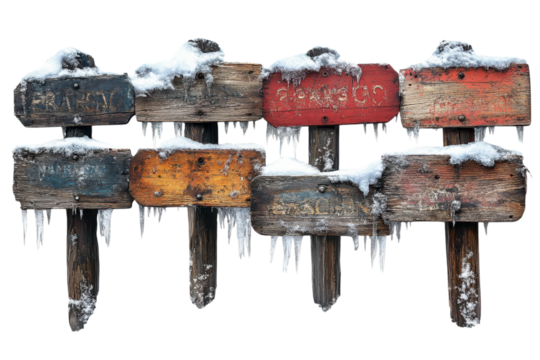 Winter s tale Frozen destination signs mark the path through snowy lands aged wood timeless