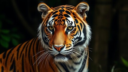 Fototapeta premium sumatran. Sumatran tiger with intense gaze in a jungle setting. wildlife magazines, conservation campaigns, designed for wildlife conservation campaigns, used by architects, celebrates biodiversity. 