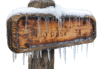 Snowy Welcome Rustic wood signpost winter charm icicles snow covered weathered texture outdoor scene