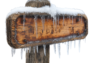 Snowy Welcome Rustic wood signpost winter charm icicles snow covered weathered texture outdoor scene
