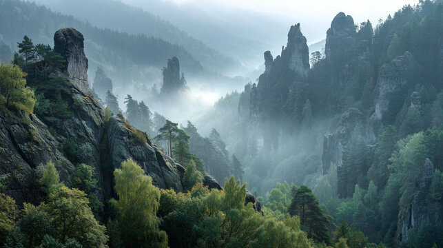 Aerial view of a misty valley with rock formations and dense green vegetation