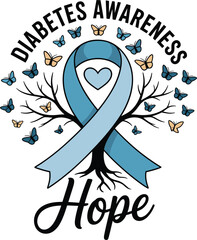 Image of Diabetes awareness ribbon tree with butterflies and hope text blue ribbon printed on Printed Glass Splashbacks
