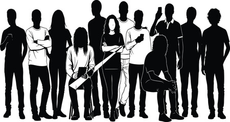 Diverse group of young people silhouettes standing and sitting, engaged with mobile smartphones, representing connection, social media, technology, and youth culture in a modern, stylish illustration.