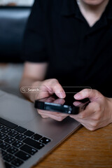 Person using smartphone typing online searching for information browsing website internet network...