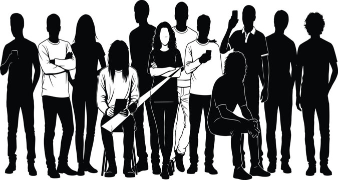 Diverse group of young people silhouettes standing and sitting, engaged with mobile smartphones, representing connection, social media, technology, and youth culture in a modern, stylish illustration.