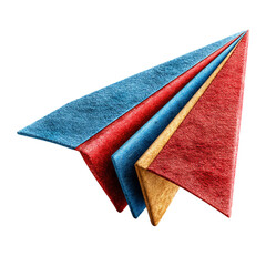Close up of folded triangular cloths in blue red and gold colors on a black background studio shot