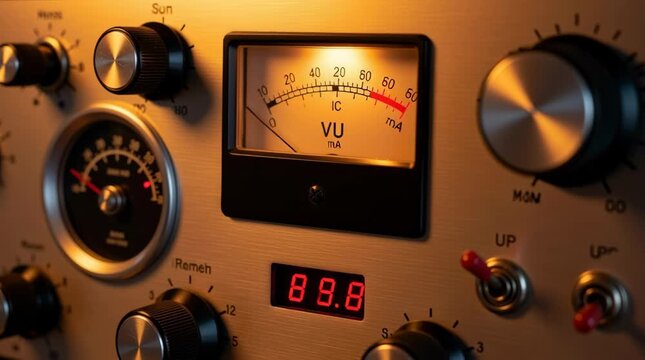 Close-up of an analog VU meter and digital displays on professional audio equipment.